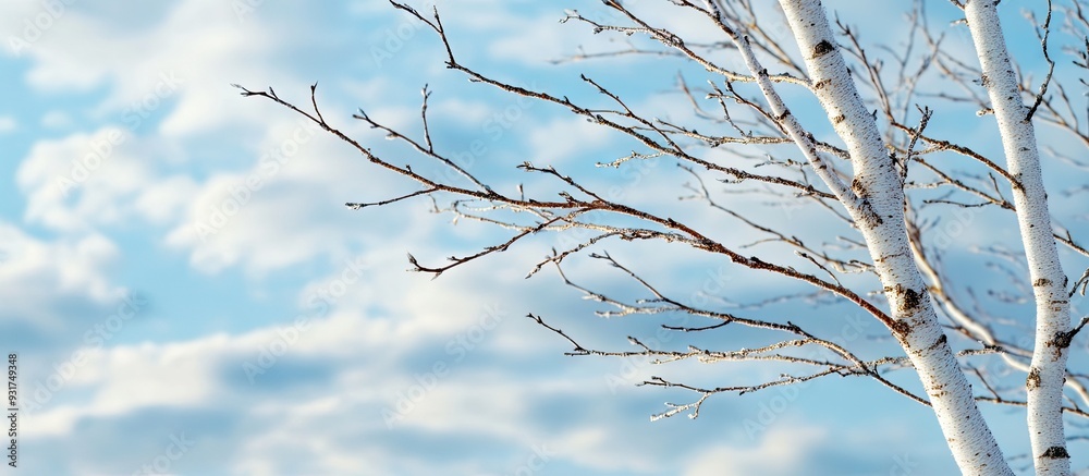 Obraz premium Bare thin branches of a birch tree set against a blue cloudy sky Background featuring copy space