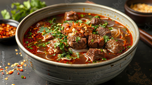 A steaming bowl of boat noodles with rich, flavorful broth, tender beef slices, meatballs, fresh bean sprouts, and fragrant herbs, topped with crispy pork cracklings and a dash of chili flakes