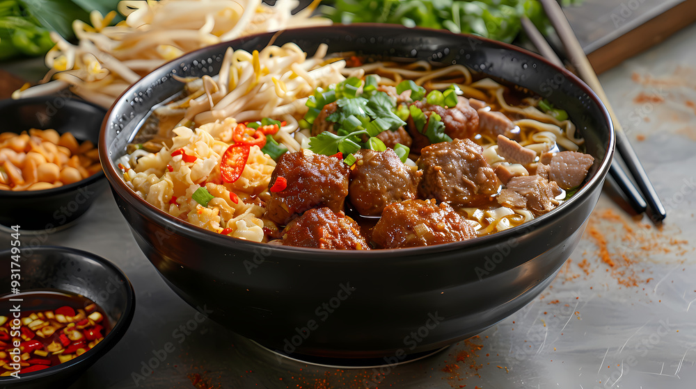 A steaming bowl of boat noodles with rich, flavorful broth, tender beef slices, meatballs, fresh bean sprouts, and fragrant herbs, topped with crispy pork cracklings and a dash of chili flakes A steaming bowl of boat noodles with rich, flavorful broth, tender beef slices, meatballs, fresh bean sprouts, and fragrant herbs, topped with crispy pork cracklings and a dash of chili flakes