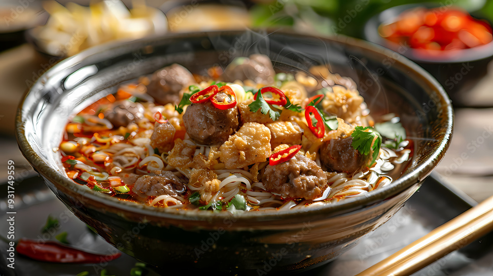 A steaming bowl of boat noodles with rich, flavorful broth, tender beef slices, meatballs, fresh bean sprouts, and fragrant herbs, topped with crispy pork cracklings and a dash of chili flakes A steaming bowl of boat noodles with rich, flavorful broth, tender beef slices, meatballs, fresh bean sprouts, and fragrant herbs, topped with crispy pork cracklings and a dash of chili flakes
