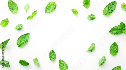 Delicate Mint Leaves on White Background, Gracefully Floating 