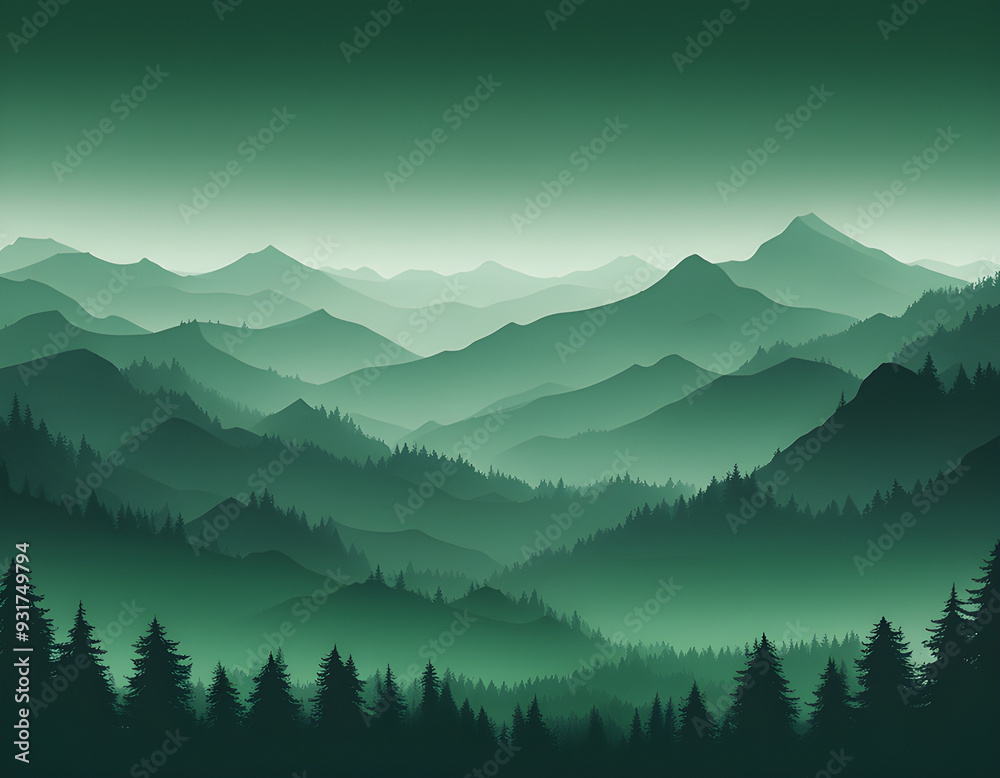 Fototapeta premium Green Misty forest multiple mountains background
