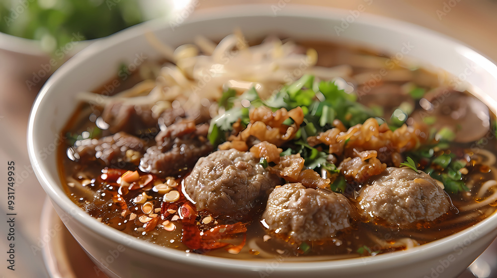 A steaming bowl of boat noodles with rich, flavorful broth, tender beef slices, meatballs, fresh bean sprouts, and fragrant herbs, topped with crispy pork cracklings and a dash of chili flakes A steaming bowl of boat noodles with rich, flavorful broth, tender beef slices, meatballs, fresh bean sprouts, and fragrant herbs, topped with crispy pork cracklings and a dash of chili flakes