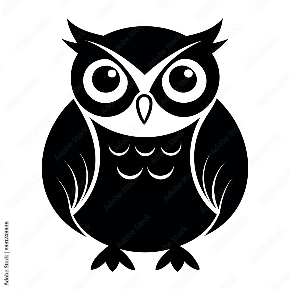 Fototapeta premium Christmas vector a simple black and white illustration of a cartoon owl with large eyes and a small beak centered view