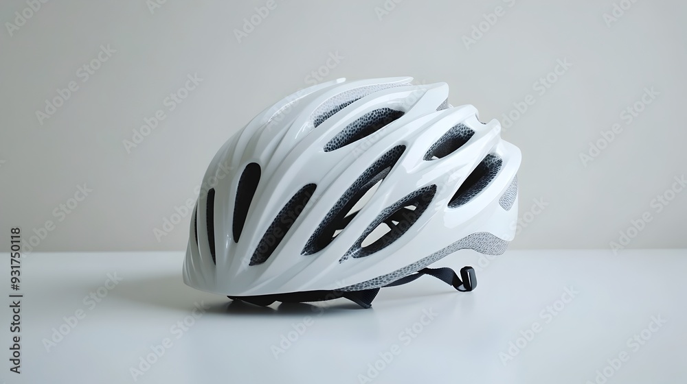 Sleek and Minimalist White Bicycle Helmet with Reflective Accents Resting on a Clean Bright Background Perfect for Showcasing Cycling Safety Equipment or Sporting Gear Sleek and Minimalist White Bicycle Helmet with Reflective Accents Resting on a Clean Bright Background Perfect for Showcasing Cycling Safety Equipment or Sporting Gear