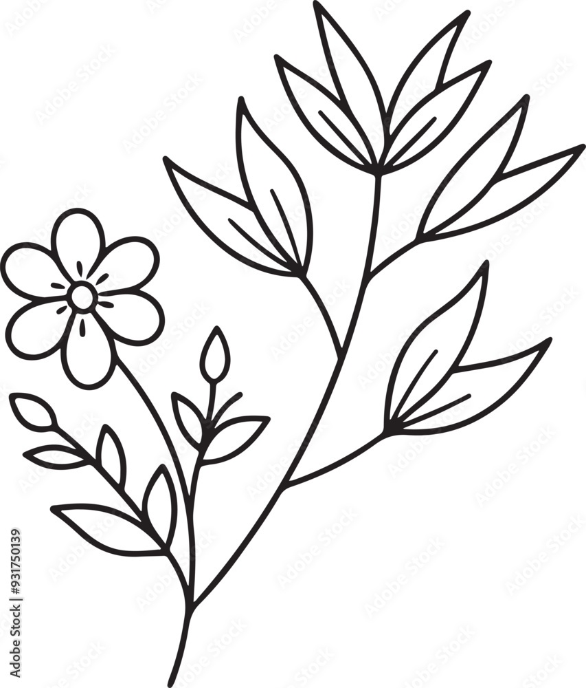 flower line art vector  elements vector. Set floral of wildflower, leaf branch, foliage on white background. Hand drawn blossom illustration for decor, easter, sticker, clipart, print.
