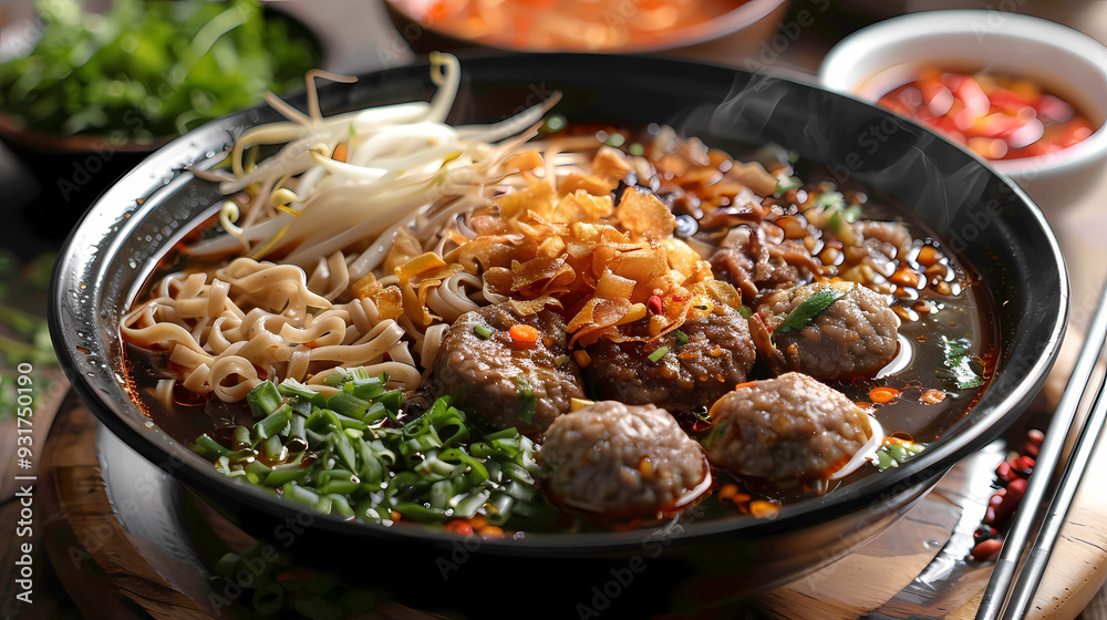 A steaming bowl of boat noodles with rich, flavorful broth, tender beef slices, meatballs, fresh bean sprouts, and fragrant herbs, topped with crispy pork cracklings and a dash of chili flakes A steaming bowl of boat noodles with rich, flavorful broth, tender beef slices, meatballs, fresh bean sprouts, and fragrant herbs, topped with crispy pork cracklings and a dash of chili flakes