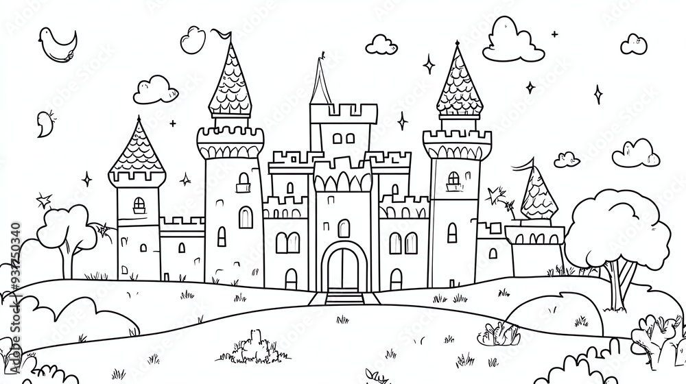 Obraz premium A black and white line drawing of a castle.