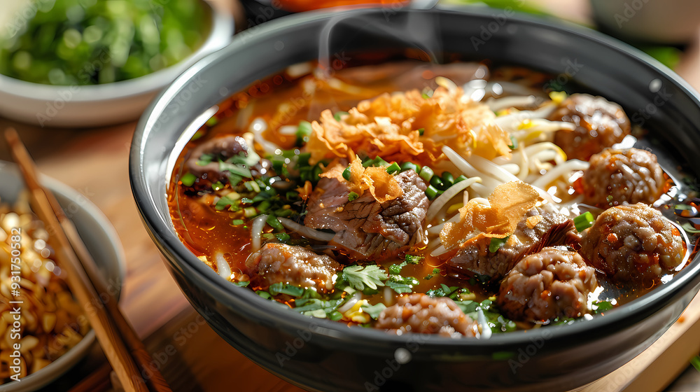 A steaming bowl of boat noodles with rich, flavorful broth, tender beef slices, meatballs, fresh bean sprouts, and fragrant herbs, topped with crispy pork cracklings and a dash of chili flakes
