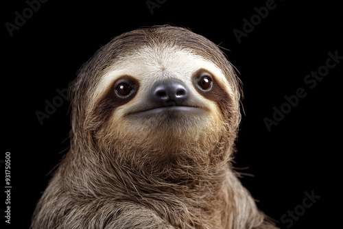 Photo of a sloth isolated against a black background, emphasising the sloth's majestic features. Wildlife and conservation concept, space for copy. photo