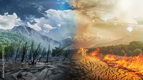 Image depicting the effects of climate change with extreme weather events including wildfires and floods ravaging different parts of the world