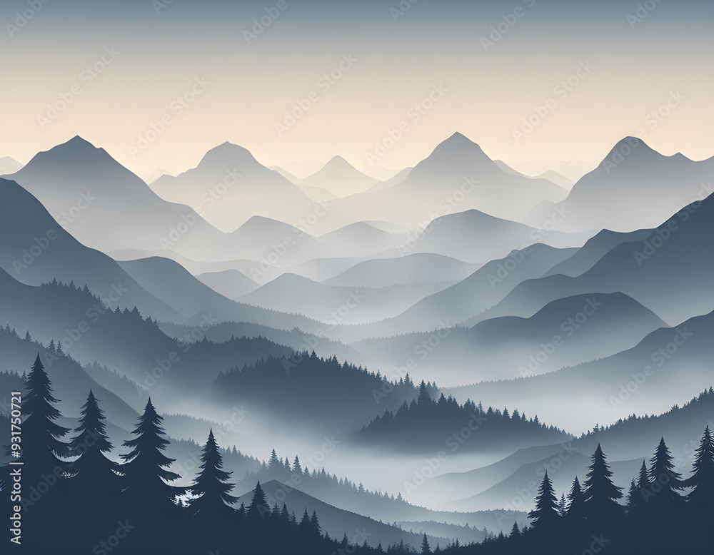 Obraz premium Misty forest multiple mountains background