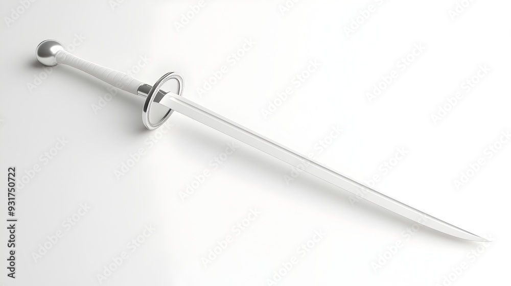 Sleek White Fencing Sword Resting on Minimalist Surface Sleek White Fencing Sword Resting on Minimalist Surface