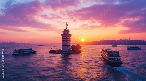 The Maiden Tower framed by a vibrant sunset, with boats gently passing by on the calm waters of the Bosphorus.