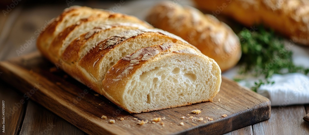 French bread sliced on a wooden board. with copy space image. Place for adding text or design French bread sliced on a wooden board. with copy space image. Place for adding text or design
