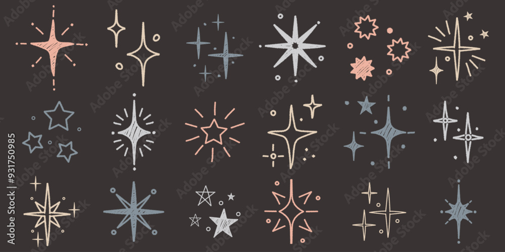 Hand drawn star sparkle shine of doodle set. Charcoal pen drawn star shine glow, spark glitter, sparkle light. Vector chalk graphic elements Hand drawn star sparkle shine of doodle set. Charcoal pen drawn star shine glow, spark glitter, sparkle light. Vector chalk graphic elements