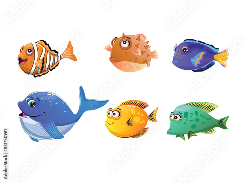Illustration of various fish types like clownfish, pufferfish, and flounder in a vibrant underwater scene