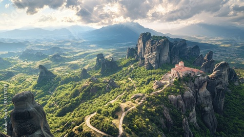 The Meteora monasteries viewed from above, nestled among the rocky peaks with winding paths leading up to them.