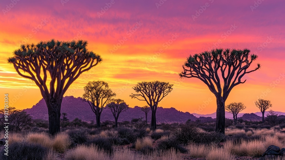 The quiver tree forest at sunset, with the iconic trees silhouetted against the orange and pink hues of the desert sky. The quiver tree forest at sunset, with the iconic trees silhouetted against the orange and pink hues of the desert sky.