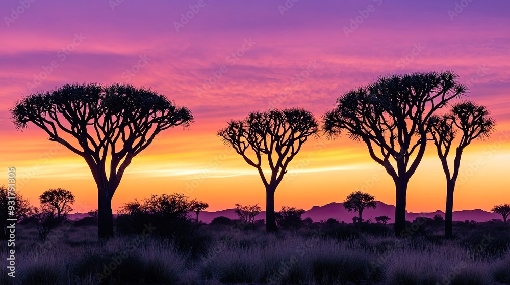 The quiver tree forest at sunset, with the iconic trees silhouetted against the orange and pink hues of the desert sky. The quiver tree forest at sunset, with the iconic trees silhouetted against the orange and pink hues of the desert sky.