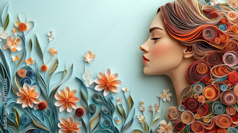 Artistic Paper Cut Profile of Woman with Flowers and Leaves Artistic Paper Cut Profile of Woman with Flowers and Leaves
