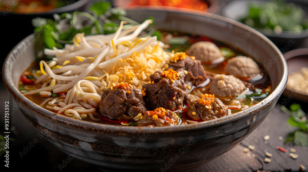 A steaming bowl of boat noodles with rich, flavorful broth, tender beef slices, meatballs, fresh bean sprouts, and fragrant herbs, topped with crispy pork cracklings and a dash of chili flakes A steaming bowl of boat noodles with rich, flavorful broth, tender beef slices, meatballs, fresh bean sprouts, and fragrant herbs, topped with crispy pork cracklings and a dash of chili flakes