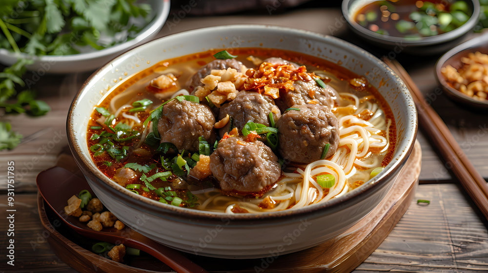 A steaming bowl of boat noodles with rich, flavorful broth, tender beef slices, meatballs, fresh bean sprouts, and fragrant herbs, topped with crispy pork cracklings and a dash of chili flakes A steaming bowl of boat noodles with rich, flavorful broth, tender beef slices, meatballs, fresh bean sprouts, and fragrant herbs, topped with crispy pork cracklings and a dash of chili flakes