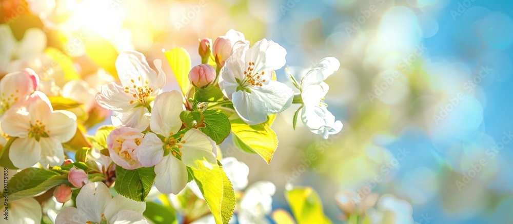 Obraz premium Branches of a blooming apple tree against a blue sky. with copy space image. Place for adding text or design
