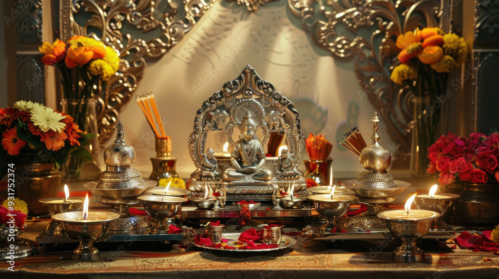 Obraz premium beautifully arranged pooja room in an Indian home