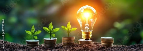  A light bulb glowing over stacks of coins with green plants growing out, symbolizing energy security and financial growth in the world of renewable energy business. 