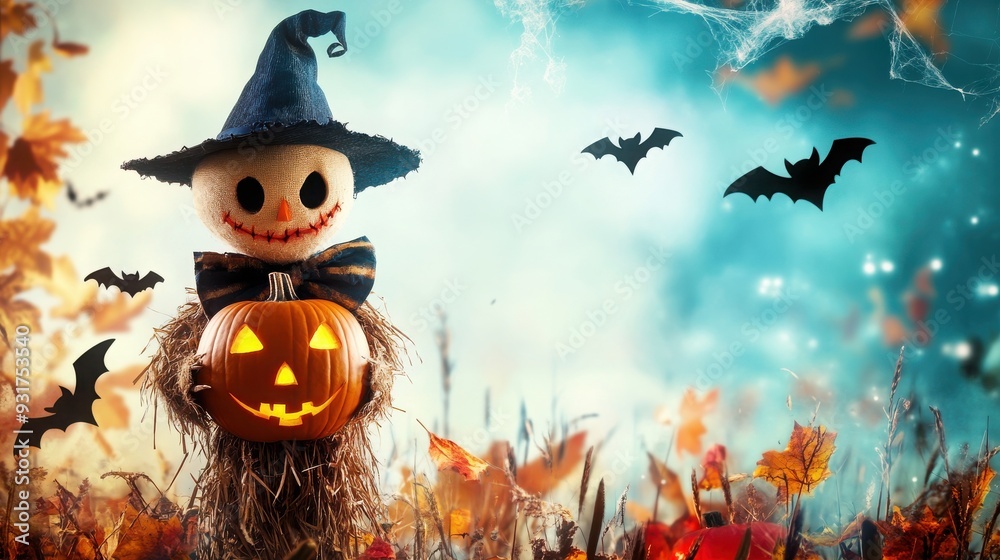 Fototapeta premium Playful Scarecrow with Pumpkin, a whimsical figure amidst Halloween decorations, featuring bats, cobwebs, and autumnal charm, perfect for festive atmospheres.