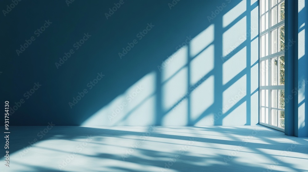 3D rendering of window light and shadow on a blue wall background 3D rendering of window light and shadow on a blue wall background
