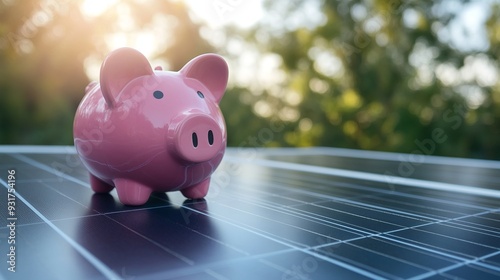 Pink piggy bank on solar panels with blurred trees in the background. Concept of saving money and renewable energy