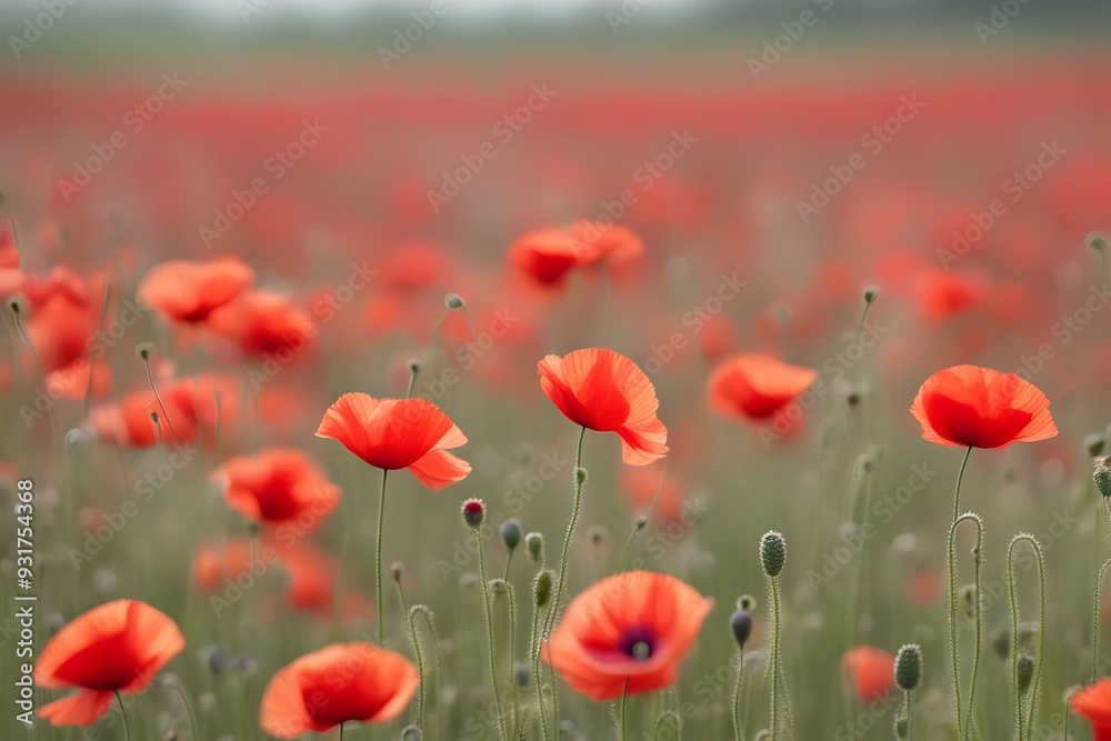 Fototapeta premium Blurred background of a field of red poppies swaying in the wind, AI Generated