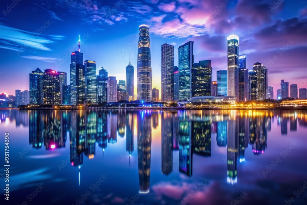 Fototapeta premium Visionary Metropolis Futuristic cityscape with sleek skyscrapers and neon lights reflecting off water at dusk with deep blues and purples tones.