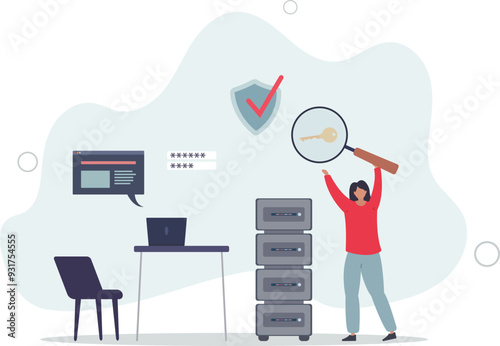 Computer and virtual online technology encryption system with password and firewall.flat design with people.