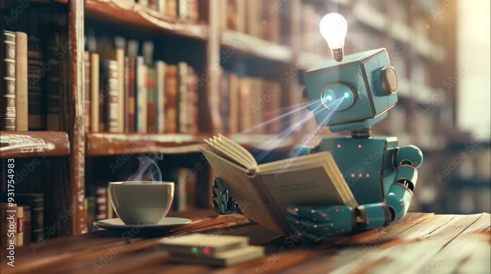 A robot with a lightbulb head reading a book in a cozy, coffee cup on table, warmly lit library, blending technology and comfort. Seamless loop video background