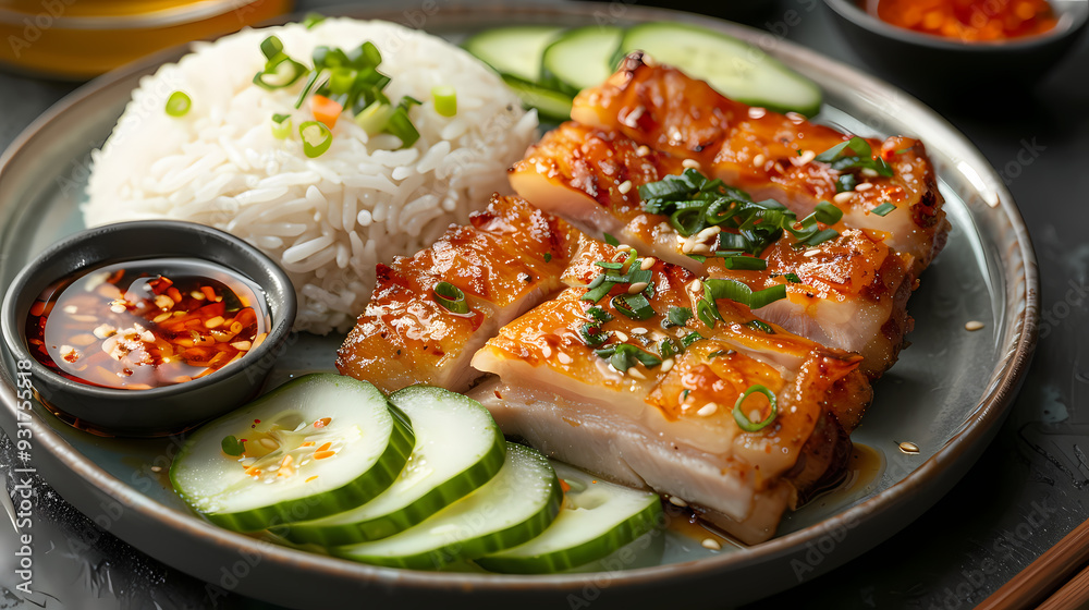 A plate of crispy pork belly served with fluffy steamed rice , garnished with cucumber slices and a side of spicy dipping sauce A plate of crispy pork belly served with fluffy steamed rice , garnished with cucumber slices and a side of spicy dipping sauce