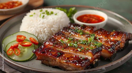 A plate of crispy pork belly served with fluffy steamed rice , garnished with cucumber slices and a side of spicy dipping sauce