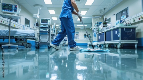 Hospital Janitor Cleaning Floor in Sterile Medical Environment
