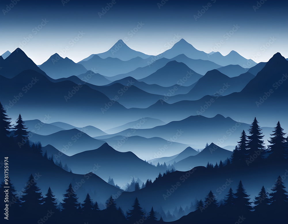 Obraz premium Blue Misty forest multiple mountains background