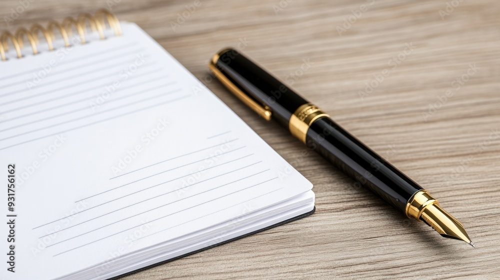 A pen and notebook on a wooden table with the paper open, AI A pen and notebook on a wooden table with the paper open, AI