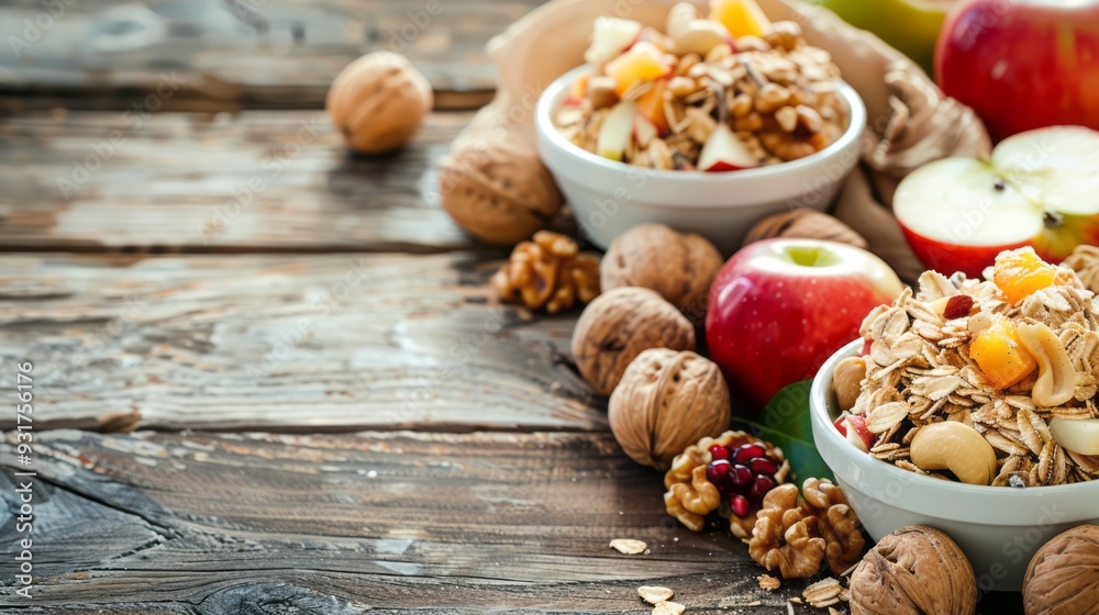 Healthy home made breakfast of muesli, apples, fresh fruits and walnuts. copy space Healthy home made breakfast of muesli, apples, fresh fruits and walnuts. copy space