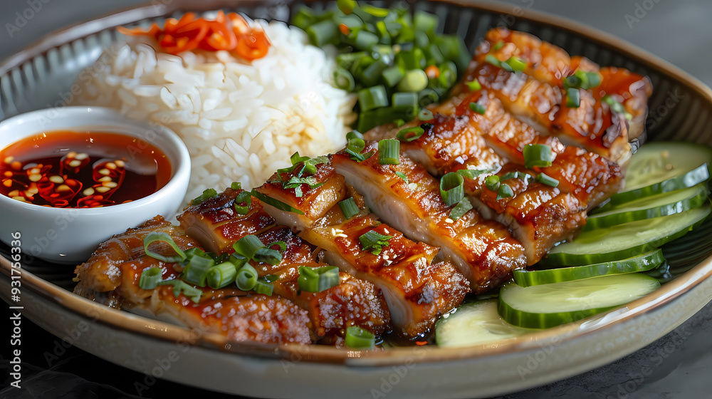 A plate of crispy pork belly served with fluffy steamed rice , garnished with cucumber slices and a side of spicy dipping sauce A plate of crispy pork belly served with fluffy steamed rice , garnished with cucumber slices and a side of spicy dipping sauce