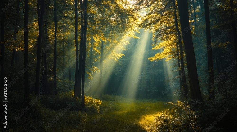 Fototapeta premium Enchanting Rays of Light in Lush Forest - Tranquil HD 8K Wallpaper for Nature Lovers