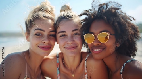 Portrait of three female friends looking at camera on the beach having fun : Generative AI