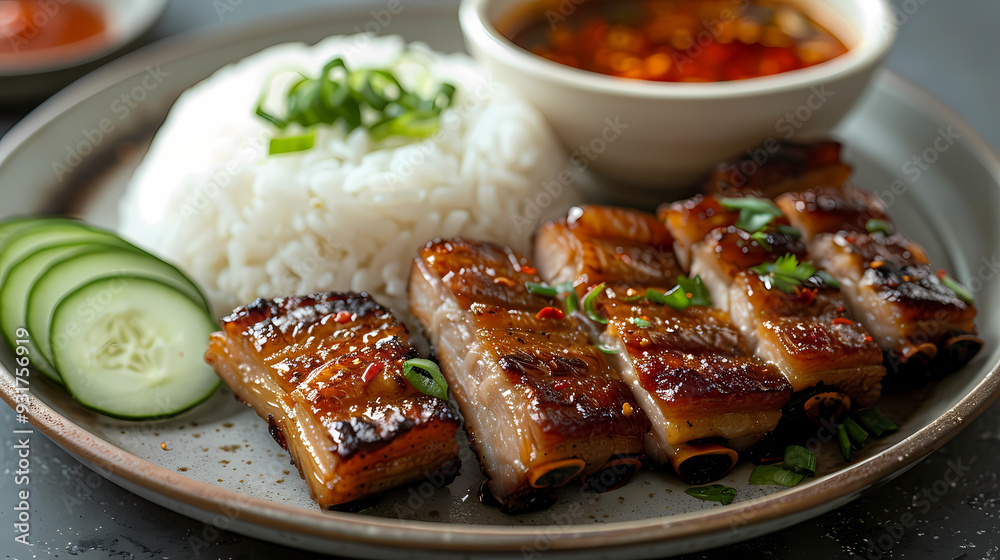 A plate of crispy pork belly served with fluffy steamed rice , garnished with cucumber slices and a side of spicy dipping sauce A plate of crispy pork belly served with fluffy steamed rice , garnished with cucumber slices and a side of spicy dipping sauce
