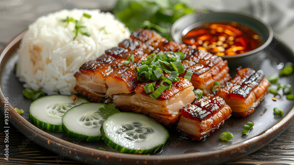 A plate of crispy pork belly served with fluffy steamed rice , garnished with cucumber slices and a side of spicy dipping sauce A plate of crispy pork belly served with fluffy steamed rice , garnished with cucumber slices and a side of spicy dipping sauce