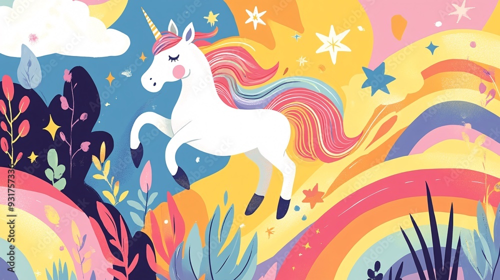 Fototapeta premium Playful unicorns and rainbows on a vibrant background