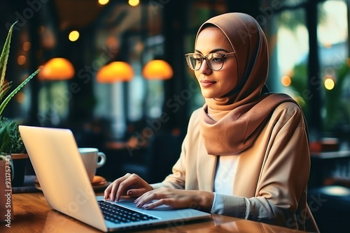 Smart modern young muslim woman student wearing hijab and glasses online working using computer, webinar and watching video lesson